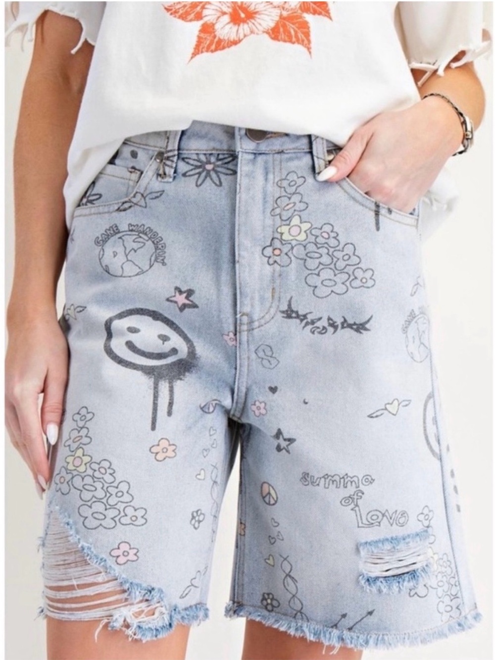 Womens Light Wash Embroidered Denim Bermuda Shorts - White